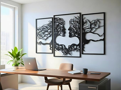 VAILLA Tree of Life Wall Wooden Art Abstract Tree Man Woman Face Large 3D Wooden Wall Decor Set of 3 Hanging Sculpture Modern Home Decoration 3D Textured Sculptures for Living Room Bedroom Office Dinnig Room (59"L x 35"W)