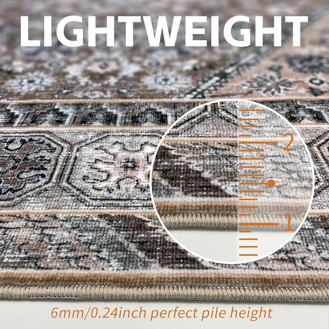5x7 Area Rugs Beige Brown Washable Rug for Living Room, Bedroom, Dining Room, Large Carpets, Non Slip & Non-Shedding Low Pile Vintage Print Rug for Home Office Decor