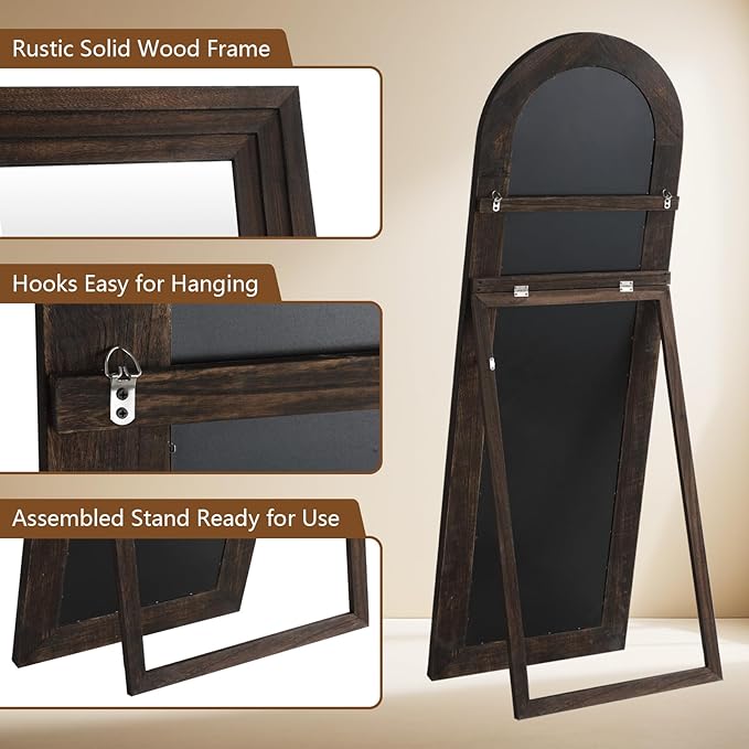 MELOMOIR Arched Full Length Mirror with Solid Wood Frame, 64"x21" Rustic Farmhouse Floor Mirror with Stand, Free Standing Leaning Hanging, for Bedroom Living Room Dressing Room Entryway, Brown