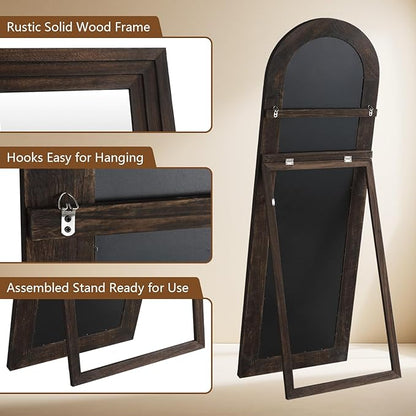 MELOMOIR Arched Full Length Mirror with Solid Wood Frame, 64"x21" Rustic Farmhouse Floor Mirror with Stand, Free Standing Leaning Hanging, for Bedroom Living Room Dressing Room Entryway, Brown