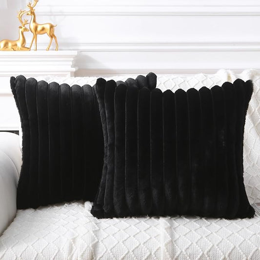 Decorative Throw Pillow with Inserts, Set of 2 Soft Faux Fur Throw Pillows, Square Boho Striped Pillow for Couch, Bed, Sofa Decor(Black, 18" x 18")