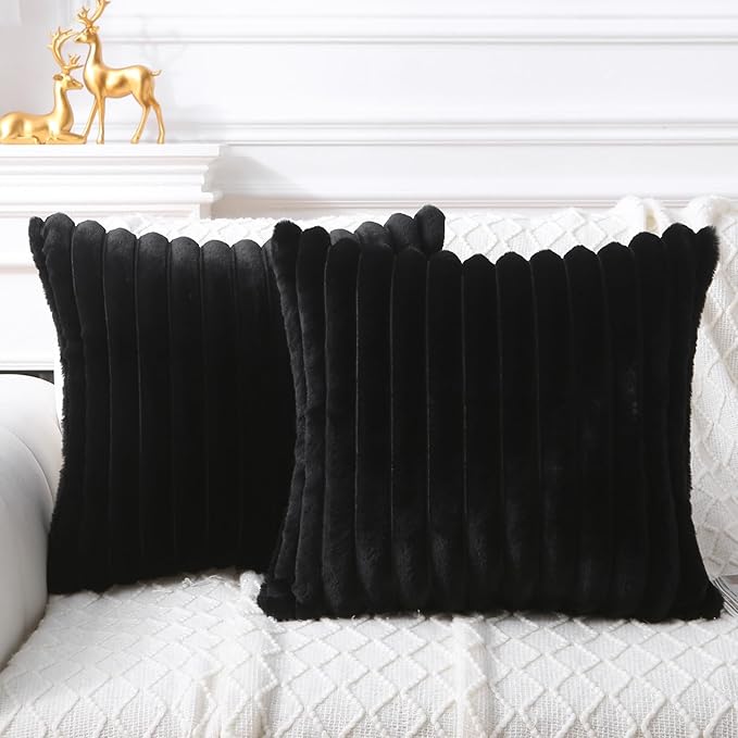 Decorative Throw Pillow with Inserts, Set of 2 Soft Faux Fur Throw Pillows, Square Boho Striped Pillow for Couch, Bed, Sofa Decor(Black, 16" x 16")