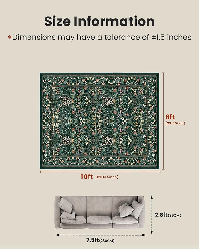AMADA HOMEFURNISHING 8x10 Washable Area Rugs for Living Room, Non-Slip & Low-Profile Floral Large Area Rug with Durable Edge Binding, Soft Rugs for Living Room, Bedroom, Dining Room