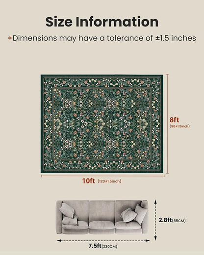 AMADA HOMEFURNISHING 8x10 Washable Area Rugs for Living Room, Non-Slip & Low-Profile Floral Large Area Rug with Durable Edge Binding, Soft Rugs for Living Room, Bedroom, Dining Room