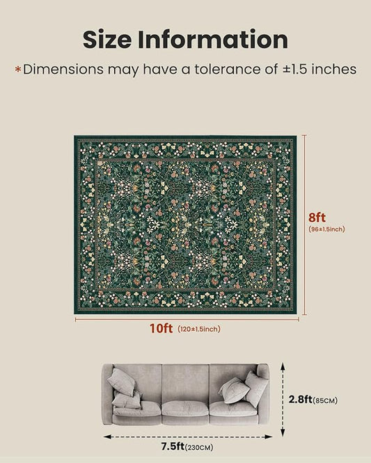 AMADA HOMEFURNISHING 8x10 Washable Area Rugs for Living Room, Non-Slip & Low-Profile Floral Large Area Rug with Durable Edge Binding, Soft Rugs for Living Room, Bedroom, Dining Room