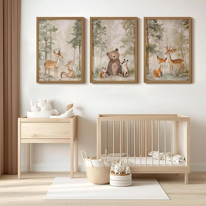 Woodland Nursery Wall Art Decor Animal Forest Canvas Prints Baby Boy Room Wall Decor Bear Nursery Nature Pictures Deer Prints Artwork for Boy Girl Kids Bedroom 16x24 Inch Wood Framed Set of 3