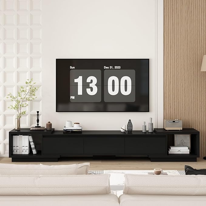 Extendable TV Console Table Modern TV Cabinet with Drawers, Contemporary Media Storage Console Table for Living Room Black (65.4-106.3”W x 15.7”D x 15.4”H)