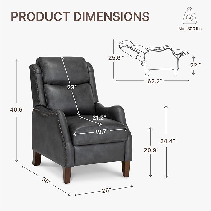 KISLOT Leather Pushback Recliner Faux Armchair with Rivet Decoration Single Sofa Accent Chair for Living Room Bedroom