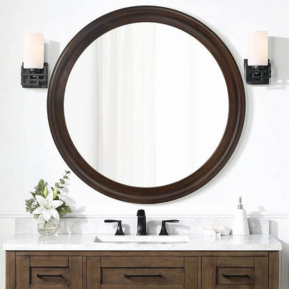 CULER Round Wall Mirrors 30 Inch,Wood Rustic Decorative Transitional Mirror with Walnut Frame for Wall,Farmhouse Hanging Vanity Mirror for Bathroom Bedroom Living Room or Entryway (Walnut Brown)
