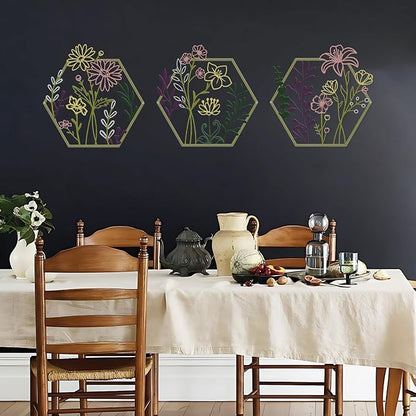 ESTART 3 Pcs Metal Flower Wall Decor, Minimalist Floral Wall Hanging Art, Abstract Line Floral Wall Art Sculpture for Bedroom Bathroom Living Room Kitchen Dining Room (Multi Color)