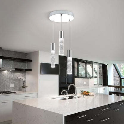 OKELI Dimmable LED 3-Light Pendant Light for Kitchen Island, 18W 1350LM Modern Bubble Crystal Island Light Fixture,6000K, Electro-Chrome, Easy Installation, Round