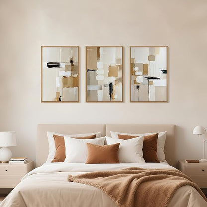 Large Abstract Beige Framed Canvas Wall Art Set, Neutral Textures Wall Decor, Warm Minimalist Shapes Wall Painting, Modern Neutral Art Prints for Living Room, Bedroom, Office - 24"X36"X3