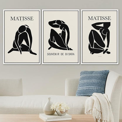 SIGNLEADER Framed Canvas Print Wall Art Set Duotone Matisse Nude Dancer Portrait Trio Abstract Shapes Illustrations Modern Art Boho Decorative for Living Room, Bedroom, Office - 16"x24"x3 WHITE