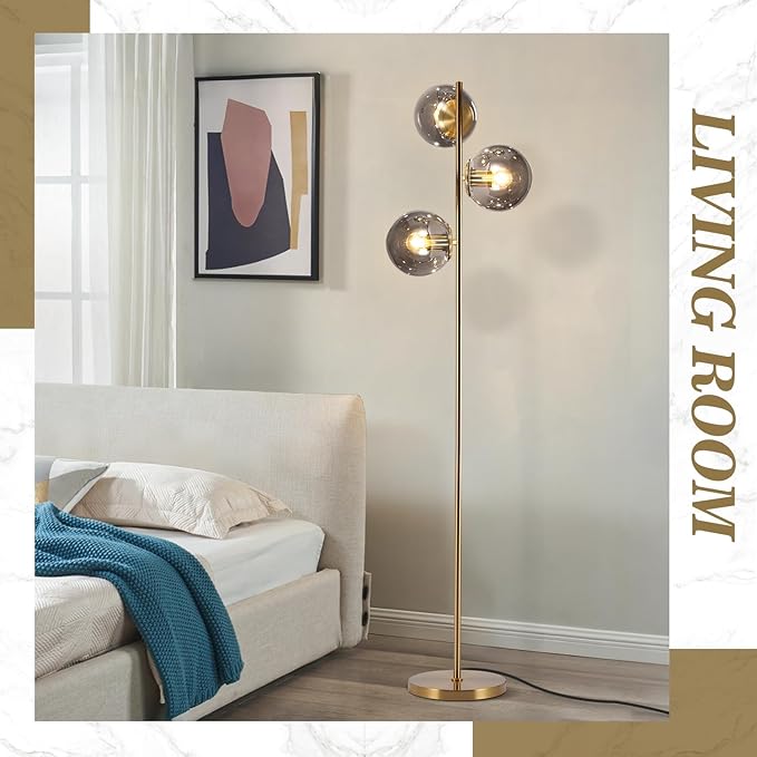 BOKT Mid Century Gold Floor Lamp Modern 3-Light Standing Lamp with Smokey Gary Glass Globe Shade Bright Floor Lamps Office Standing Pole Light for Living Room Bedroom Home Decor…