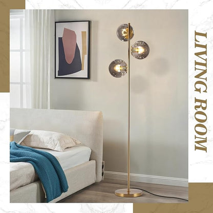 BOKT Mid Century Gold Floor Lamp Modern 3-Light Standing Lamp with Smokey Gary Glass Globe Shade Bright Floor Lamps Office Standing Pole Light for Living Room Bedroom Home Decor…