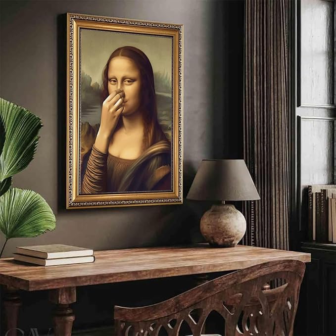 WZGZXU Vintage Gold Framed Wall Art Monalisa Holding Her Nose Wall Decor Monalisa Bathroom Canvas Art Funny Toilet Pictures Humor Imitation Paintings Ptints For Toilets Bathroom