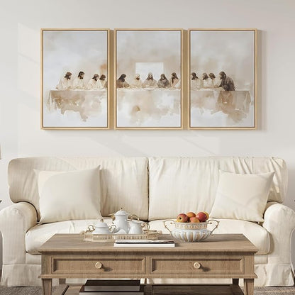 Framed Christian Wall Art Set of 3, The Last Supper Canvas Prints, Neutral Beige Biblical Artwork for Living Room Bedroom Dining Room Office, 16x24 Inch