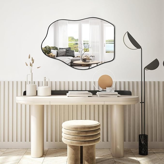 POZINO Irregular Mirror, 28"x20" Asymmetrical Wall Mirror, Modern Odd Shaped Mirrors, Abstract Frameless Mirrors for Wall Decor Living Room Bathroom Bedroom Entryway, Hangs Vertically or Horizontally