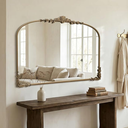 Besdomus Large Gold Wall Mirror: 48"x33" Baroque Vintage Fireplace Arched Mirror - Traditional Ornate Antique for Bedroom/Entryway/Bathroom/Vanity/Living Room - Ideal for Fashion-Conscious