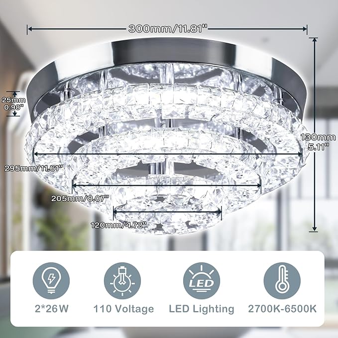 11.8" Modern Crystal Chandeliers LED Crystal Ceiling Light Fixture Flush Mount Ceiling Chandelier Light Chandelier for Dining Room Hallway Three-Tier Dimmable with Remote Control
