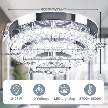 11.8" Modern Crystal Chandeliers LED Crystal Ceiling Light Fixture Flush Mount Ceiling Chandelier Light Chandelier for Dining Room Hallway Three-Tier Dimmable with Remote Control