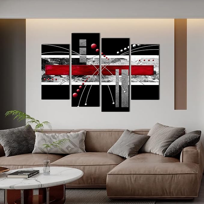 YPY Large Black Red Canvas Wall Art - 4 Panels Modern Abstract Picutre Set for Home Decoration - Contemporary Painting Artwork Ready to Hang Living Room Bedroom W64 x H46