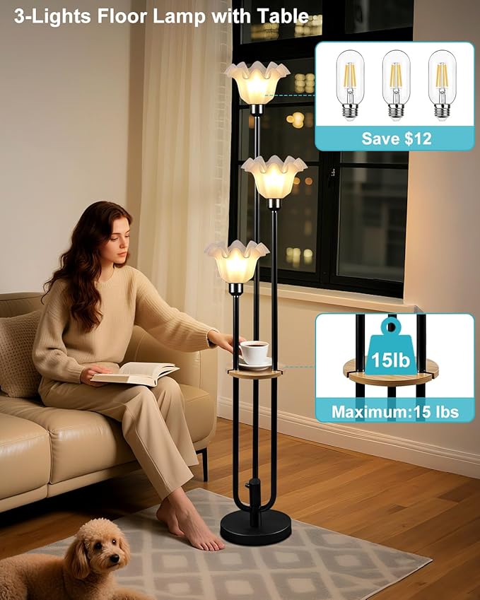 Flower Floor Lamp for Living Room, Dimmable Vintage Floor Lamp with Shelf & LED Bulbs, 3 Light 3000K Warmwhite Mid Century Black Floral Tall Standing Lamp with 5Lbs Heavy Base for Bedroom