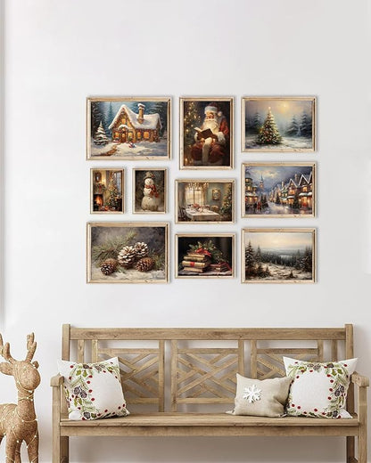 KBKBART Christmas Wall Art Prints Set of 10, Winter Christmas Picture Wall Decor Santa Xmas Tree Forest Canvas Artwork, Snow Scene Street Christmas Aesthetic Posters for Bedroom, Vintage Christmas Holiday Decor - Unframed