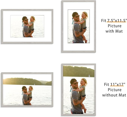 Picrit 11x17 Picture Frame Set of 12, Display 8x12 with Mat or 11x17 without Mat, Photo Frames for Wall Mounting Display, Gray