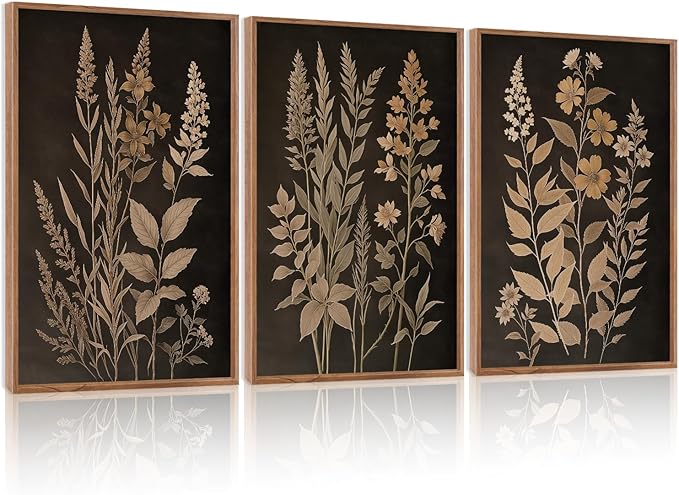 HLNIUC Vintage Botanical Fern Framed Canvas Wall Art Set,Black and Tan Plant Leaves Wall Decor,Modern Farmhouse Art Print,Neutral Minimalist Herb Floral Wall Painting for Living Room,Office - 24x36x3