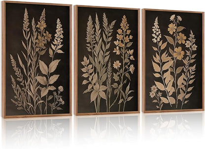 HLNIUC Vintage Botanical Fern Framed Canvas Wall Art Set,Black and Tan Plant Leaves Wall Decor,Modern Farmhouse Art Print,Neutral Minimalist Herb Floral Wall Painting for Living Room,Office - 24x36x3