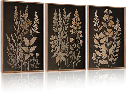 HLNIUC Vintage Botanical Fern Framed Canvas Wall Art Set,Black and Tan Plant Leaves Wall Decor,Modern Farmhouse Art Print,Neutral Minimalist Herb Floral Wall Painting for Living Room,Office - 24x36x3
