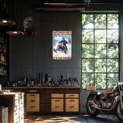 Snowmobile Riding Metal Sign Happiness Isn't Around The Corner Tin Poster Home Kitchen Garage Bar Pub Office Man Cave Bedroom Wall Decor 12x16 Inch