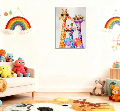 16x24 Graffiti Giraffe Family Canvas Wall Art, Colorful Framed Animal Prints with Sunglasses & Balloon, Funny Lovely Artwork for Kids, Teen Boys Girls, Nursery Bedroom & Living Room Home Decor