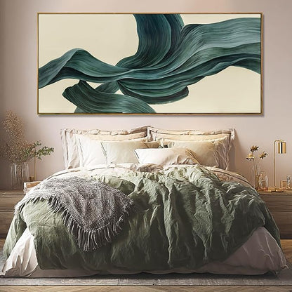 Large Abstract Canvas Wall Art 32x70 Inch, Dark Green Framed Canvas Wall Art, Modern Horizontal Printed Wall Art with Wooden Frame for Living Room Home Decor