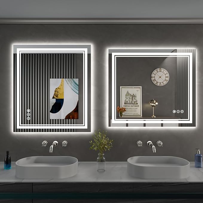 28 x 32 Inch LED Bathroom Mirror, Front Light and Backlit Anti-Fog Dimmable Memory Lighted Vanity Mirror, Shatterproof Wall-Mounted Led Mirror for Bathroom