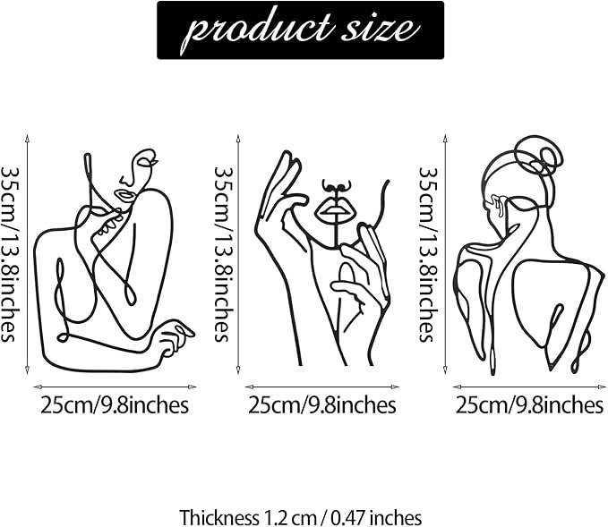 Photect 3 Pcs Metal Wall Art Decor Minimalist Abstract Woman Wall Art Metal Modern Line Drawing Decor Female Single Line Home Hanging for Bedroom Bathroom Living Room Housewarming(Cute,Black)