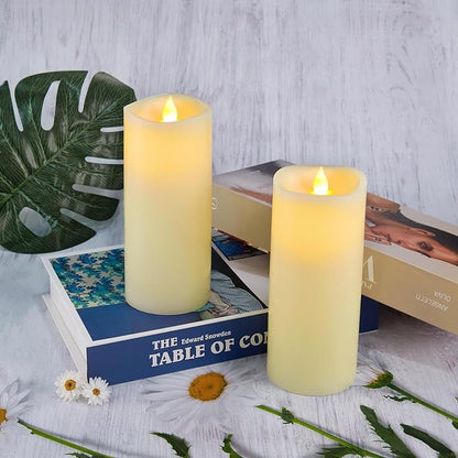 Enpornk 7” x 3” Flameless Candles, Flickering Moving Flame LED Candles, Battery Operated Candles with Remote and Timers, Ivory White, Set of 2