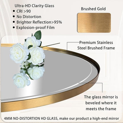 POZINO Brushed Gold Beveled Mirror, 24"x36" Brass Oval Mirrors, Bathroom Mirror for Over Sink, Modern Rounded Vanity Wall Mirrors in Premium Stainless Steel Frame, Hangs Horizontal Or Vertical