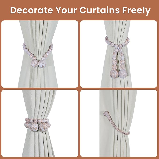 KLOGTSIND Magnetic Curtain Tiebacks, Curtain Tie Backs for Curtains 4 Pack, Wood Bead Curtain Tiebacks, Curtain Holders for Boho Bedroom Decor, Baby Nursery Decor, Farmhouse Decor