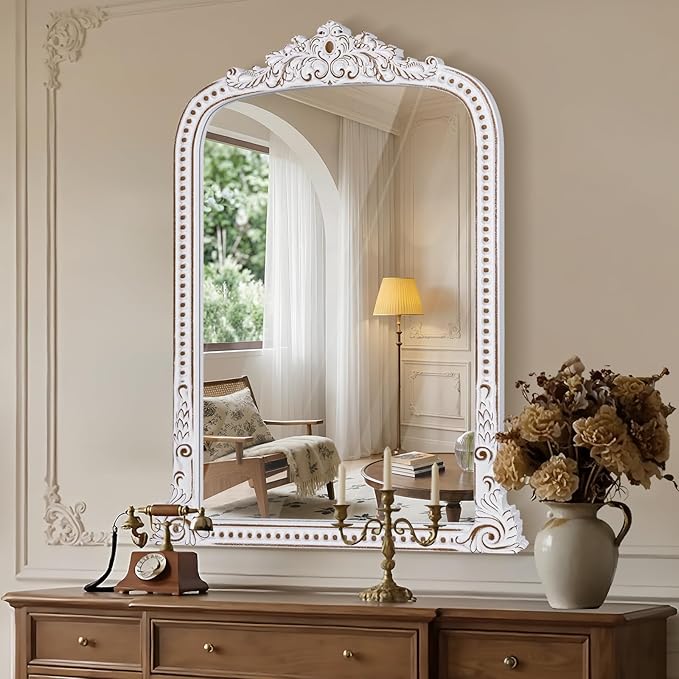 HOITUZYUS French Vintage Statement Wall Mirror: 38x28 Inch Baroque Arched Mirror - Ornate Antique Decorative Mirrors for Fireplace, Entryway, Bedroom, Bathroom - Home Decor for Living Room