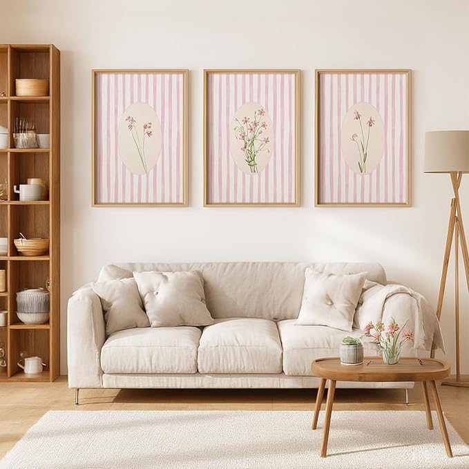 Youillne Pink Flower Wall Art Striped Floral Prints Botanical Canvas Wall Decor Aesthetic Pictures Pastel Pink Floral Poster Minimalist Flower Painting for Girl Room 16x24 Inch Unframed Set of 3