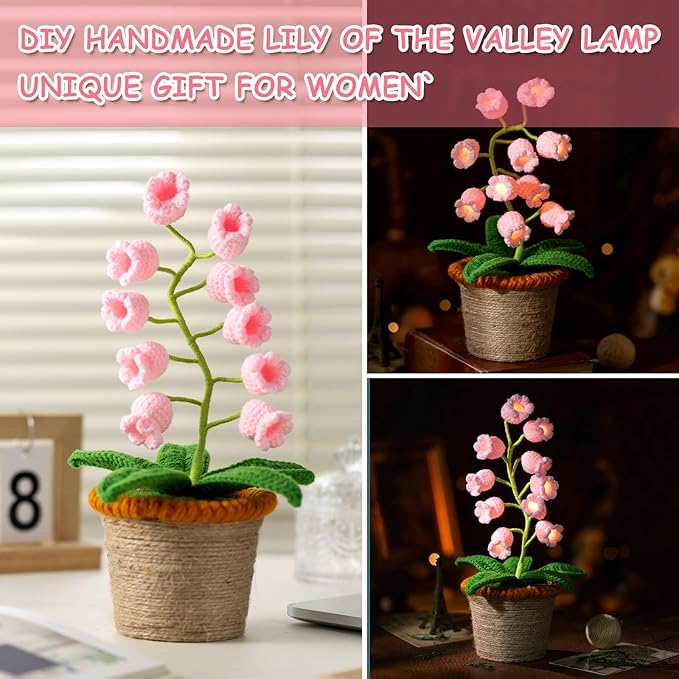 Lily of The Valley Lamp, Pink Crochet Artificial Flowers with Night Lights, Cordless Table Lamp -Birthday Gifts for Women,Cozy Home Decor Mothers Day Gifts