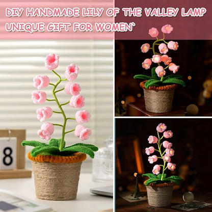Lily of The Valley Lamp, Pink Crochet Artificial Flowers with Night Lights, Cordless Table Lamp -Birthday Gifts for Women,Cozy Home Decor Mothers Day Gifts