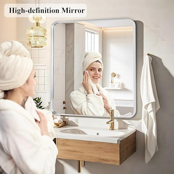 Fabuday Silver Sink Mirror for Bathroom - 28x28 Inch Square Framed Mirrors for Over Sink, Chrome Mirrors with Brushed Frame for Bedroom, Restroom, Farmhouse, Entryway Decor