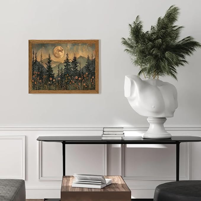 JLTULT Framed Vintage Moon Forest Canvas Wall Art, Moonlight Pine Tree Flower Wall Decor, Woodland Wildflower Picture Prints Artwork for Bedroom Living Room Office Decoration 12x16 inch Easy to Hang
