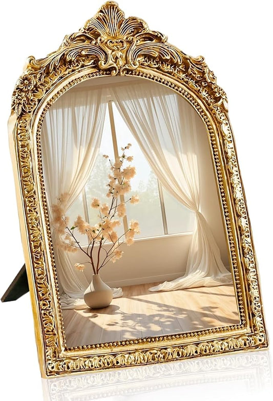 YUSONG Vintage Desk Mirror – 8" Gold Antique Tabletop Mirror with Resin Frame, Decorative Wall Art for Living Room Bedroom Vanity Desk Decor, Birthday Gift