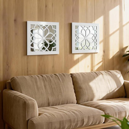 Set of 2 Boho Square Wall Mirrors - Matte White Metal Shatterproof Hanging for Wall Decor, Modern Farmhouse & Rustic Vintage Accent for Living Room, Dining Room, Bathroom & Entryway