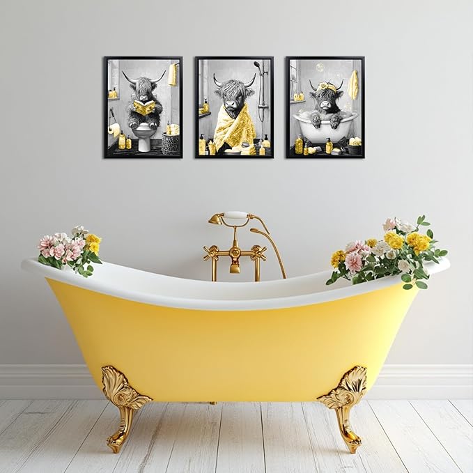 sechars Highland Cow Bathroom Wall Art 3 Piece Funny Bathroom Pictures Canvas Print Grey and Yellow Decor (Yellow)