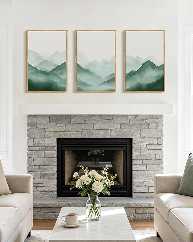 PHOPAGO Green Watercolor Fog Mountains Framed Wall Art Large 16x24in Vintage Nature Landscape Artwork Paints Boho Rustic Scenic Room Decor for Bedroom Hallway - Natural Framed